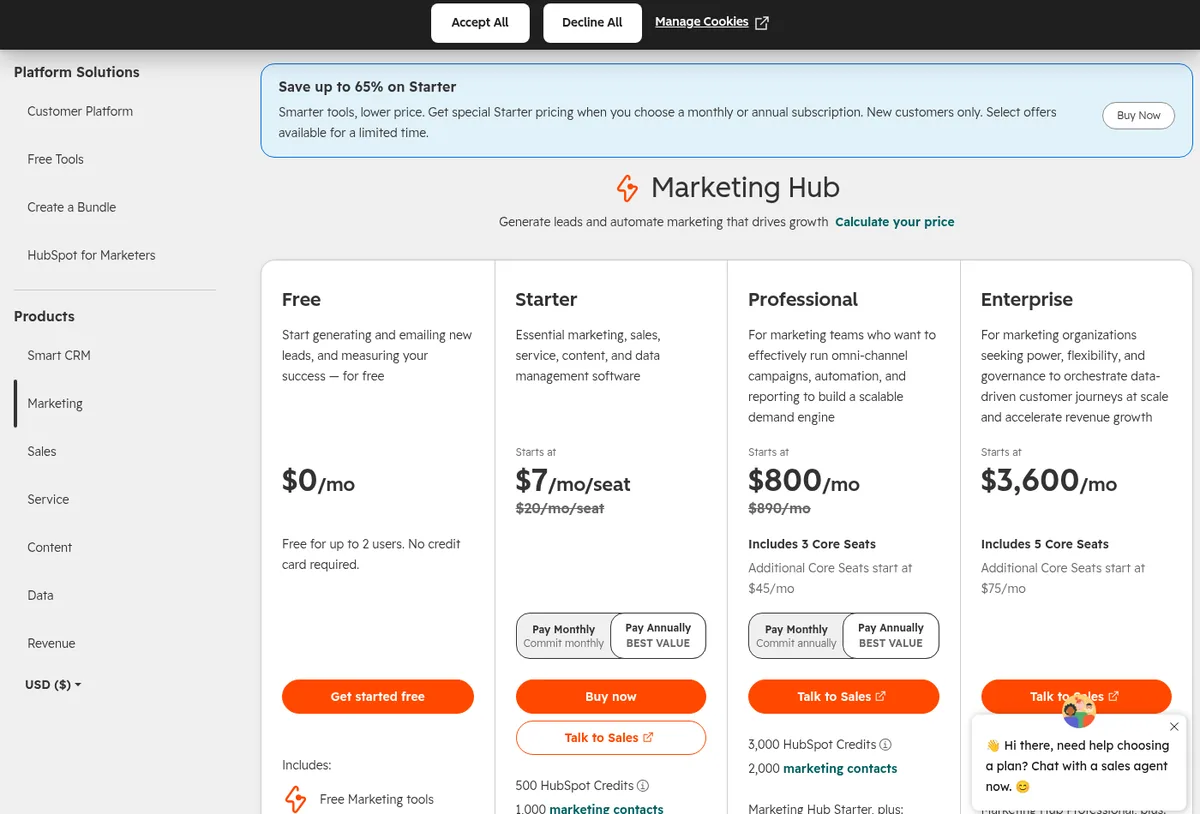 HubSpot Marketing Hub pricing page showing Free at $0/mo, Starter from $7/mo/seat (promo), Professional from $800/mo, and Enterprise from $3,600/mo