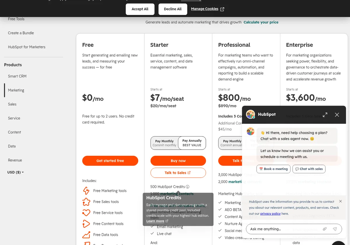 HubSpot Marketing Hub pricing page showing Free at $0/mo, Starter from $7/mo/seat (promo), Professional from $800/mo, and Enterprise from $3,600/mo