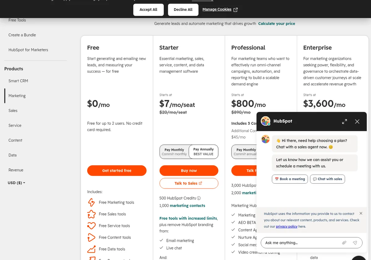 HubSpot Marketing Hub pricing page showing Free at $0/mo, Starter from $7/mo/seat (promo), Professional from $800/mo, and Enterprise from $3,600/mo