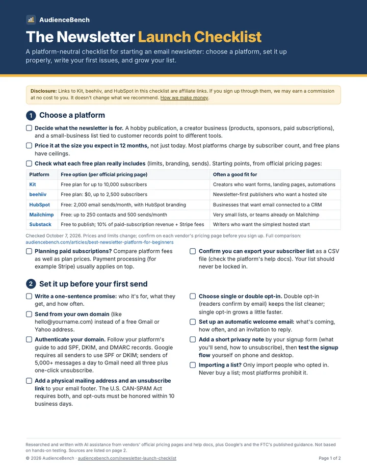Page 1 of The Newsletter Launch Checklist PDF, showing the 'Choose a platform' and 'Set it up before your first send' sections.